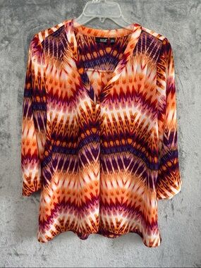 A New Approach Vibrant Orange & Purple V-Neck Women’s Top 3/4 sleeve